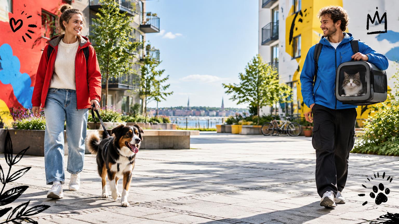 Owners with a dog and a cat carrier in a colorful Stockholm courtyard