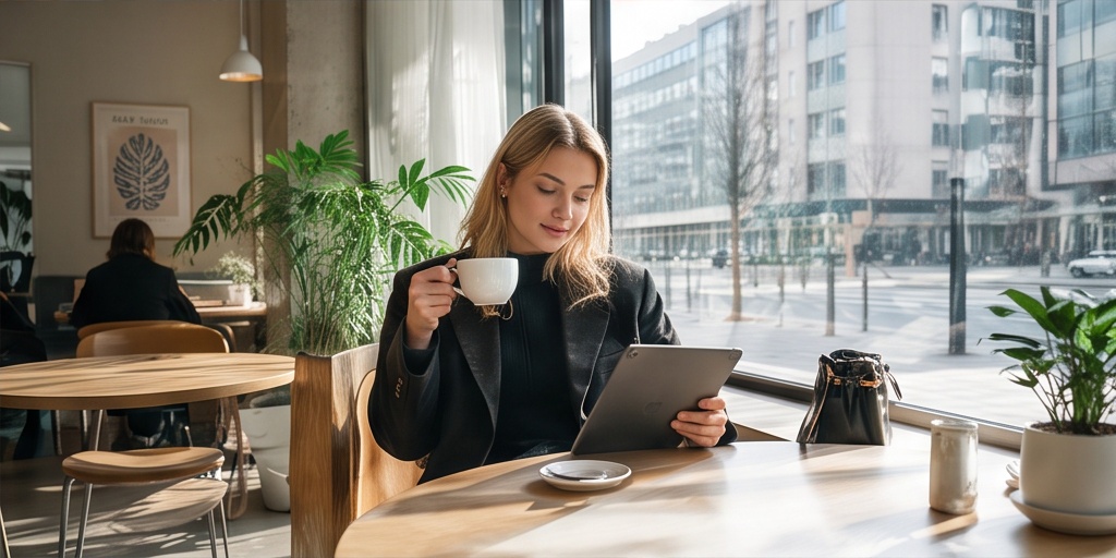 Woman with coffee and tablet in a bright city café