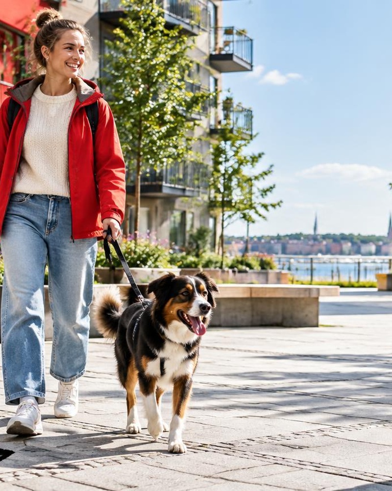 Woman walking her dog in a colorful Stockholm courtyard