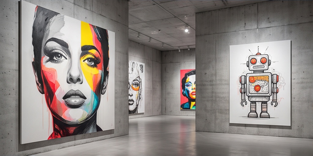 Digital artworks on concrete walls in an urban gallery