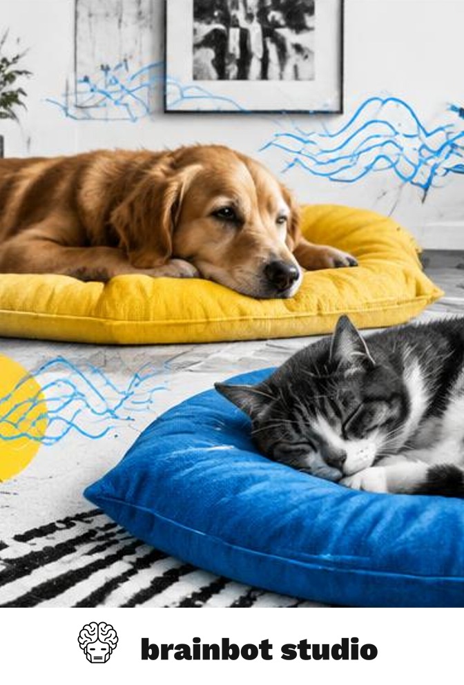 Dog and cat resting on colorful cushions