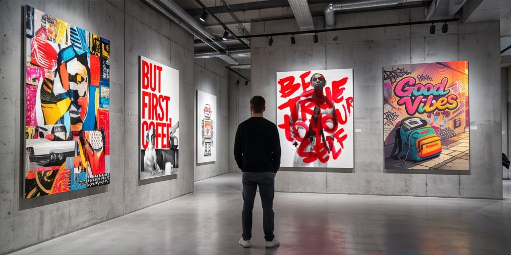 Visitor observing large vibrant digital artworks in an industrial gallery